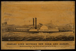 Peoples Line Tussen New York En Albany. Nieuwe Laagdruk Stoomboot Isaac Newton, de grootste in de nieuwe of oude wereld (lithografie)