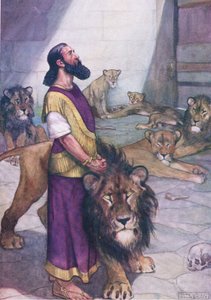 Daniël in de leeuwenkuil, uit The Bible Picture Book uitgegeven door Thomas Nelson, ca 1950 (litho)