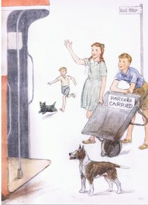 Toen de bus arriveerde, stond David met de kruiwagen scheef, zo stond te lezen op het bord, van Pets Limited uitgegeven door Collins