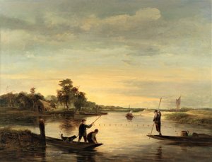 Uitzicht op de rivier met vissers vanaf punts door George Vincent