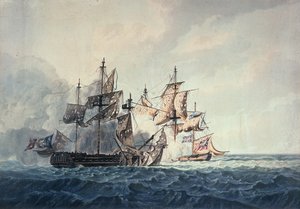 De actie tussen Zijne Majesteits Sloep, Bonne Citoyenne, en de Franse fregat, La Furieuse, op 6 juli 1809, van de Westelijke Eilanden, gegraveerd door R und D Havell, gepubliceerd door Robert Cribb in 1810