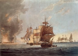 Aan de officieren, zeelieden en mariniers van Zijne Majesteits schepen Amphion, Cerberus, Volage & Active, Deze plaat vertegenwoordigt... het opblazen van de Franse commandant, voor het eiland Lissa, in de Adriatische Zee, op 13 maart 1811 door George Webster
