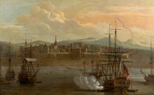 Een schilderij van Fort St George in Madras, India. In 1731. Militair fort en haven met schepen. Kanon van het schip wordt afgevuurd. Rook. Slag. door George and Scott Samuel (1710 72) Lambert