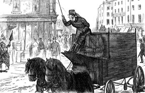 Een drukke straat in Londen door George du Maurier