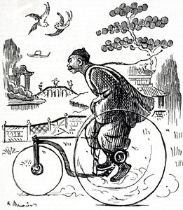 Een cartoon van een Chinese man die op een driewieler door een park in China rijdt