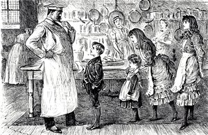 Een cartoon die een chef-kok afbeeldt die bestellingen opneemt van de kinderen van het huis. Geïllustreerd door George du Maurier (1834-1896) een Frans-Britse cartoonist en auteur door George du Maurier