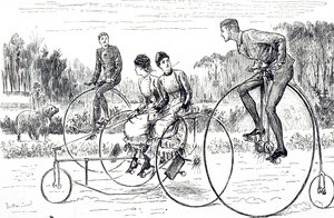 Een cartoon van een groep jonge mensen op driewielers door George du Maurier