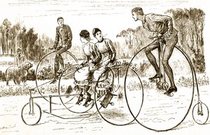 Een cartoon van een groep jonge mensen die op driewielers rijden door George du Maurier