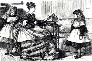 Een cartoon die een jonge moeder toont die een naaimachine gebruikt. Geïllustreerd door George du Maurier (1834-1896) een Frans-Britse cartoonist en auteur door George du Maurier
