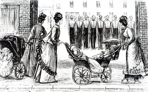 Een gravure die kindermeisjes toont die kinderen in kinderwagens duwen. Geïllustreerd door George du Maurier (1834-1896) een Frans-Britse cartoonist en auteur
