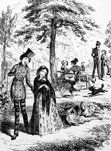 Cartoon die een huishoudelijke dienstmeid toont die met haar minnaar wandelt door George du Maurier (1834-1896) een Frans-Britse cartoonist en auteur