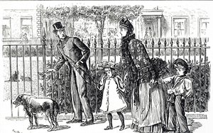 Cartoon die een gezin toont dat door de straten van het Victoriaanse Londen loopt