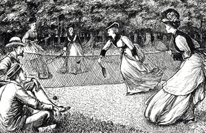Cartoon die een spelletje lawn tennis afbeeldt door George du Maurier
