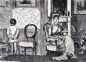 Cartoon die een moeder afbeeldt die haar zoon straft door hem met zijn gezicht naar de muur te laten staan door George du Maurier