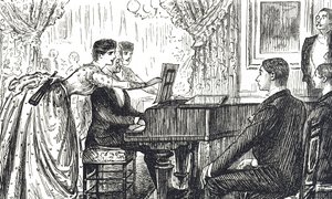 Cartoon die een muzikale avond thuis afbeeldt door George du Maurier