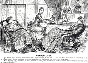 Cartoon van een vrouw die een handaangedreven naaimachine gebruikt door George du Maurier