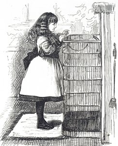 Cartoon die een jong meisje afbeeldt dat voor een groot vuurrooster staat door George du Maurier