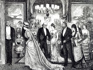 Cartoon die een elegante soirée in een Victoriaans huis toont door George du Maurier