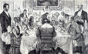 Cartoon die een elegant soirée in een Victoriaans huis afbeeldt door George du Maurier