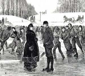 Gravure die een middelbaar echtpaar afbeeldt dat schaatst door George du Maurier