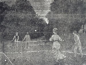 Gravure die het gebruik van witte fosforverf aanbeveelt aan tennisspelers