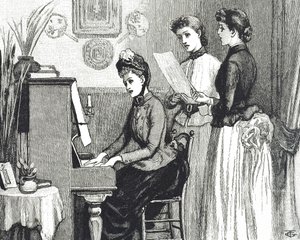 Gravure van jonge dames die zingen in de salon