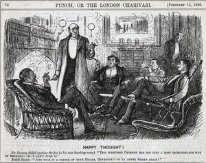 Heren verzameld in de rookkamer, rokend na het diner. George du Maurier cartoon uit Punch, Londen 1886 door George du Maurier