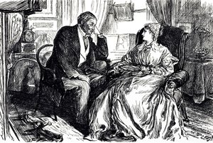 Georges du Maurier cartoon die een man en vrouw illustreert in gesprek over de kalmerende voordelen van levertraan. Engeland 1869