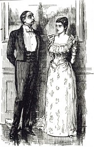 Cartoon van Georges du Maurier die een man en vrouw in gesprek toont op een society-evenement, Engeland 1891