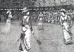 Dames die lawn tennis spelen door George du Maurier