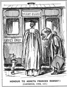 Mr Punch buigt voor Agneta Frances Ramsay die met First Class Honours slaagde, maar geen graad kon ontvangen omdat Cambridge deze op dat moment niet aan vrouwen toekende. George du Maurier cartoon uit Punch, Londen, 2 juli 1887 (gravure)