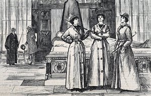 Drie vrouwen met lange jassen in een museum door George du Maurier