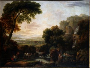Italiaans landschap met een capriccio uitzicht op Tivoli, een herder en herderin en vee