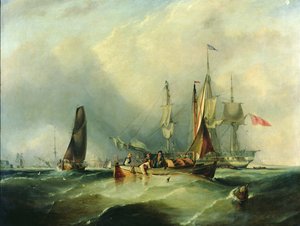 Een oorlogsschip en vissersboten bij Southsea door George the Elder Chambers