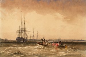 Op de Medway (Mariniers gaan naar de Indiaman, Northfleet) door George the Elder Chambers
