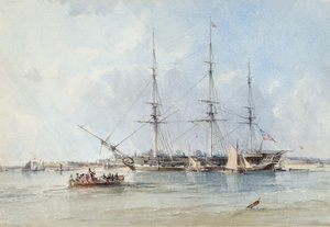 Het Blackwall fregat Seringapatam voor anker bij Tilbury Fort door George the Elder Chambers