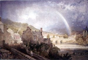 Dorp en Brug van Llangollen, Noord-Wales, met Regenboogeffect