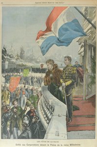 Processie van Corporaties in Den Haag voor Koningin Wilhelmina van Nederland ter viering van haar huwelijk met Hertog Hendrik van Mecklenburg, februari 1901