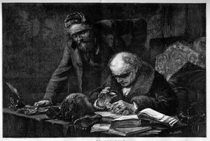 Een egyptoloog bestudeert een archeologisch stuk uit Egypte in zijn kantoor. Gravure door Baude naar een schilderij van Moreau de Tours. Gravure in "Le Monde Illustré"