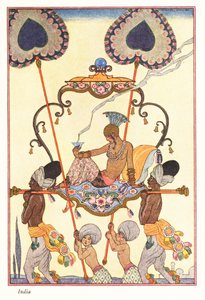 Een adellijke vrouw verbrandt wierook in een draagstoel, oud India, 1928 door Georges Barbier