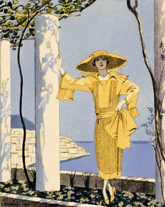 Amalfi, illustratie van een vrouw in een gele jurk door Worth door Georges Barbier