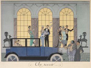 Vaarwel. Mensen vertrekken in een auto. Mensen in avondkleding.
