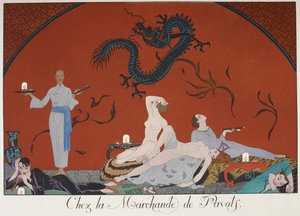 Chez la Marchande de Pasots. Mensen, sommigen naakt, liggen rond in een kamer. Chinese decoratie. door Georges Barbier
