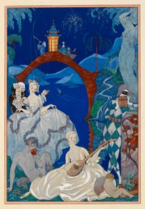 Claire de Lune. Een mooie vrouw speelt mandoline. Een faun zit naast haar. Een harlekijn. Alles in een landschap. door Georges Barbier