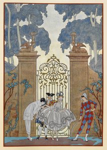 Colombine. Mensen die buiten een poort staan. Een Pierrot. door Georges Barbier