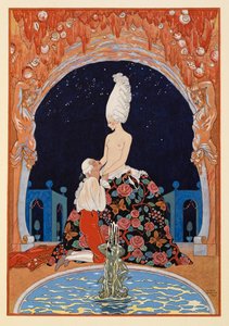 Dans la Grotte. Een man knielt voor een halfnaakte vrouw, bij een fontein. door Georges Barbier