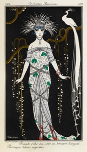 Grote avondjurk van zilveren brokaat door Georges Barbier