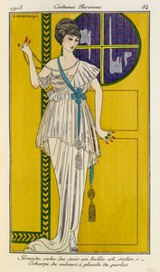 Grande robe du soir en tulle et satin. Echarpe de velours à glands de perles. Costumes Parisiens no.37 door Georges Barbier