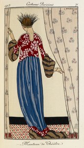 Manteau de Théâtre. Costumes Parisiens no.71. Vrouw draagt een rode jurk met patroon en een blauwe rok afgezet met bont. Ze draagt ook een hoofdtooi met veren in zwart en zilver. door Georges Barbier