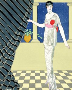 Mijn Gasten zijn niet Aangekomen, illustratie van een vrouw in een jurk door Redfern door Georges Barbier
